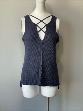 Hard Tail Navy Waffle Knit Tank with Crisscross Neck